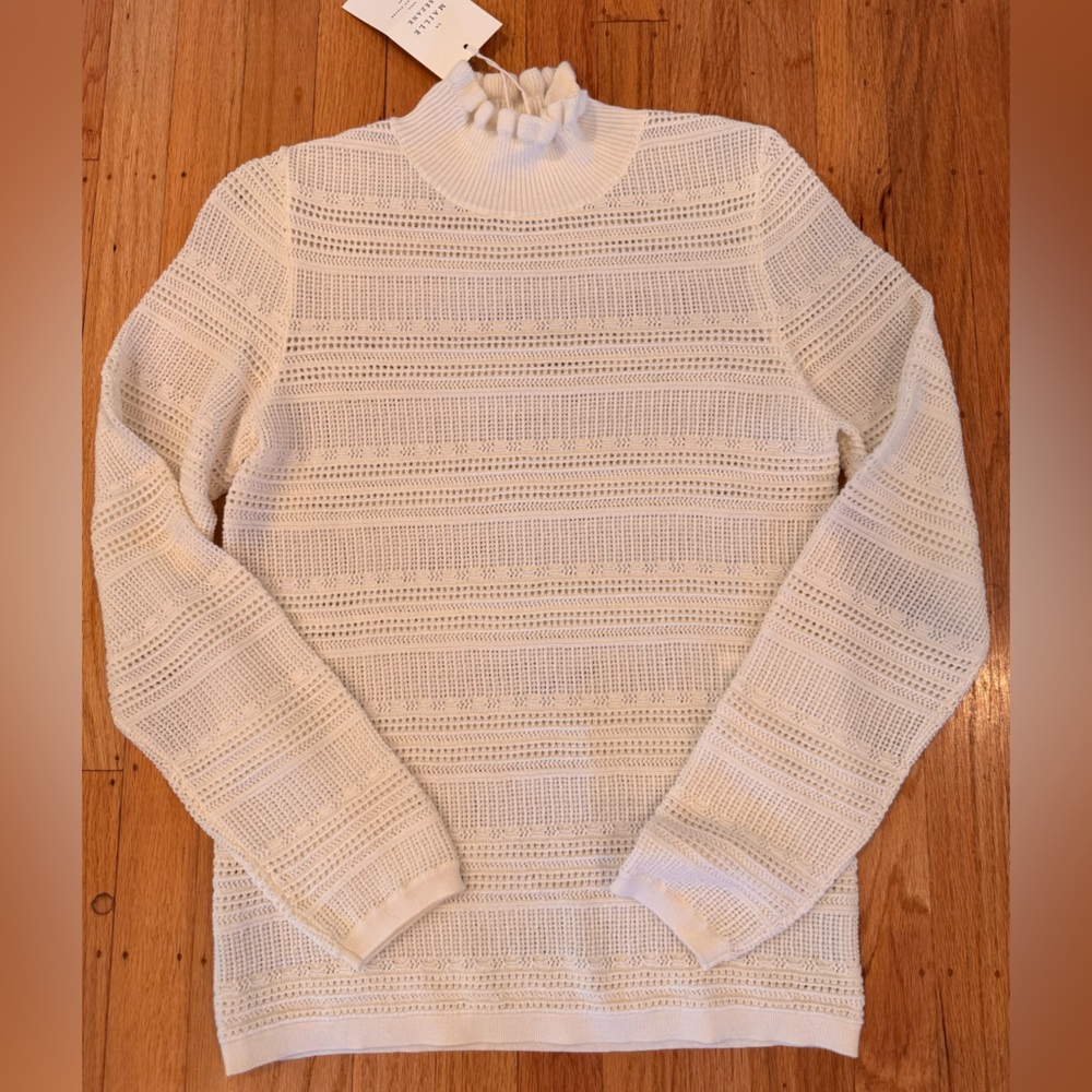 Sezane Cream Openwork Turtleneck Sweater merino cotton blend NWT